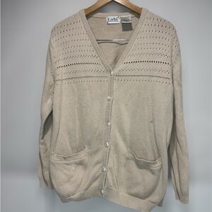 Vintage Tabi International Cream/Beige V-Neck Button-Front Openwork Cardigan